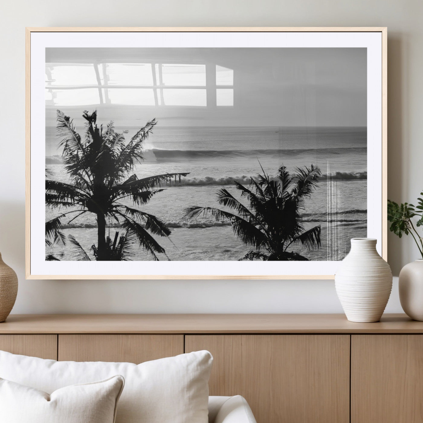 17508038-MGC-FP-36x24_Natural-Tropical Coastline Wall Art Canvas Print, Framed Palm Trees Art Picture Print, Ocean Waves Perfect Minimalist Coastal Decor