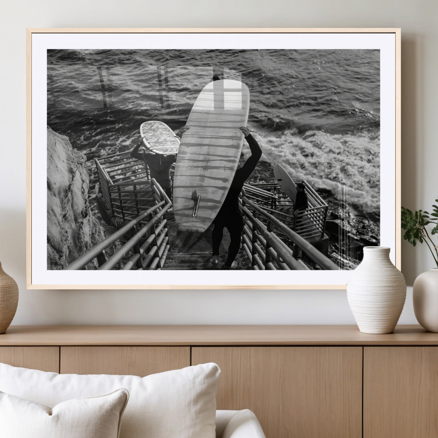 32353707-MGV-CV-36X24-Black White Surfing Wall Art Canvas Print, Framed Coastal Surfing Art Picture Print, Wave Riders Perfect Coastal Adventure Decor