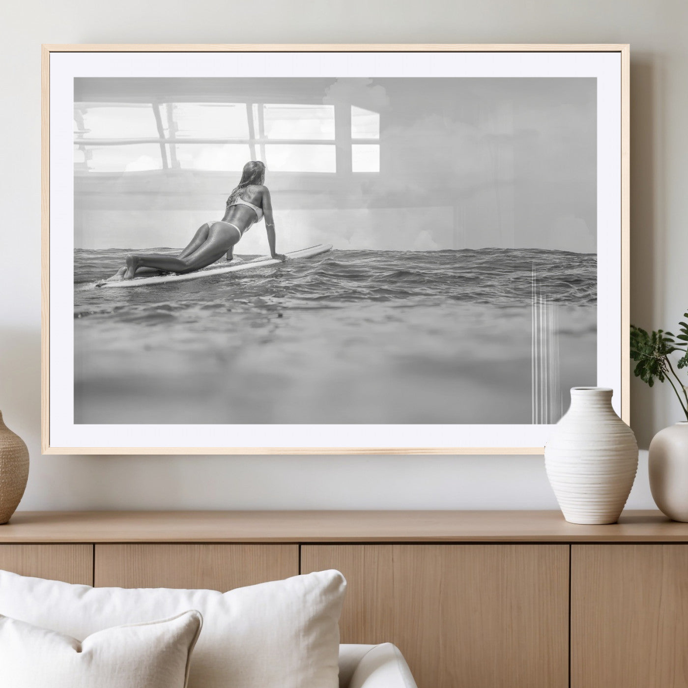 69798068-MGC-FP-36x24_Natural-Black White Surfing Wall Art Canvas Print, Framed Ocean Horizon Art Picture Print, Surfer Girl Perfect Coastal Adventure Decor