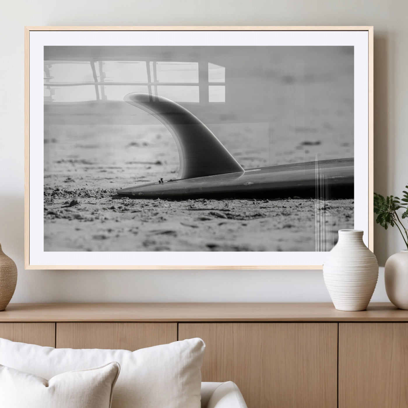 62314230-MGV-CV-36X24-Black White Surfboard Wall Art Canvas Print, Framed Minimalist Beach Art Picture Print, Surf Fin Perfect Minimalist Coastal Decor