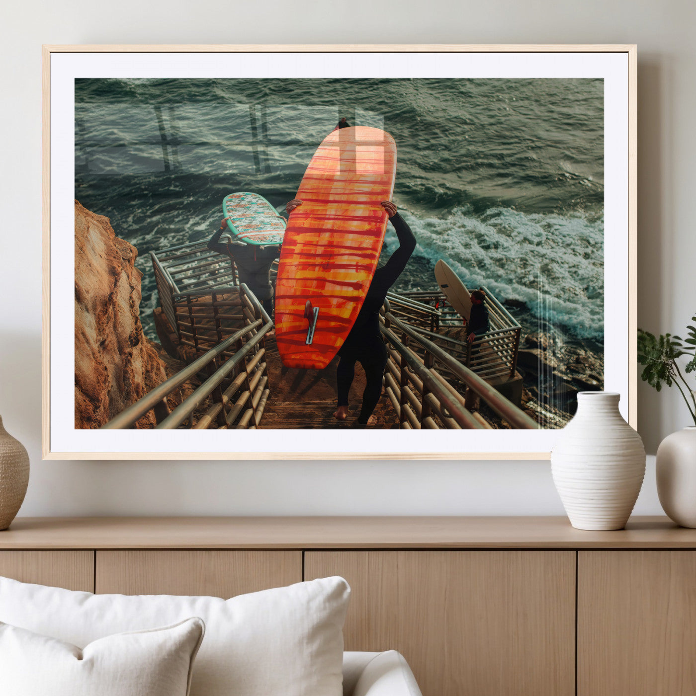 84555848-MGV-CV-36X24-Surfer Stairway Wall Art Canvas Print, Framed Ocean Surf Art Picture Print, Sunset Coastal Perfect Coastal Adventure Decor Artwork