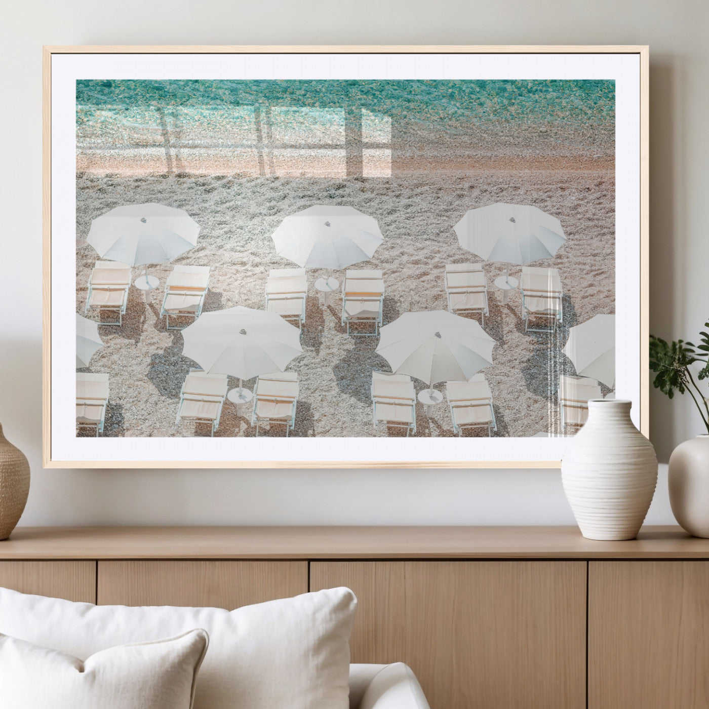 83736167-MGV-CV-36X24-Calm Beach Wall Art Canvas Print, Framed Turquoise Water Art Picture Print, Umbrella Shoreline Perfect Coastal Minimalist Decor