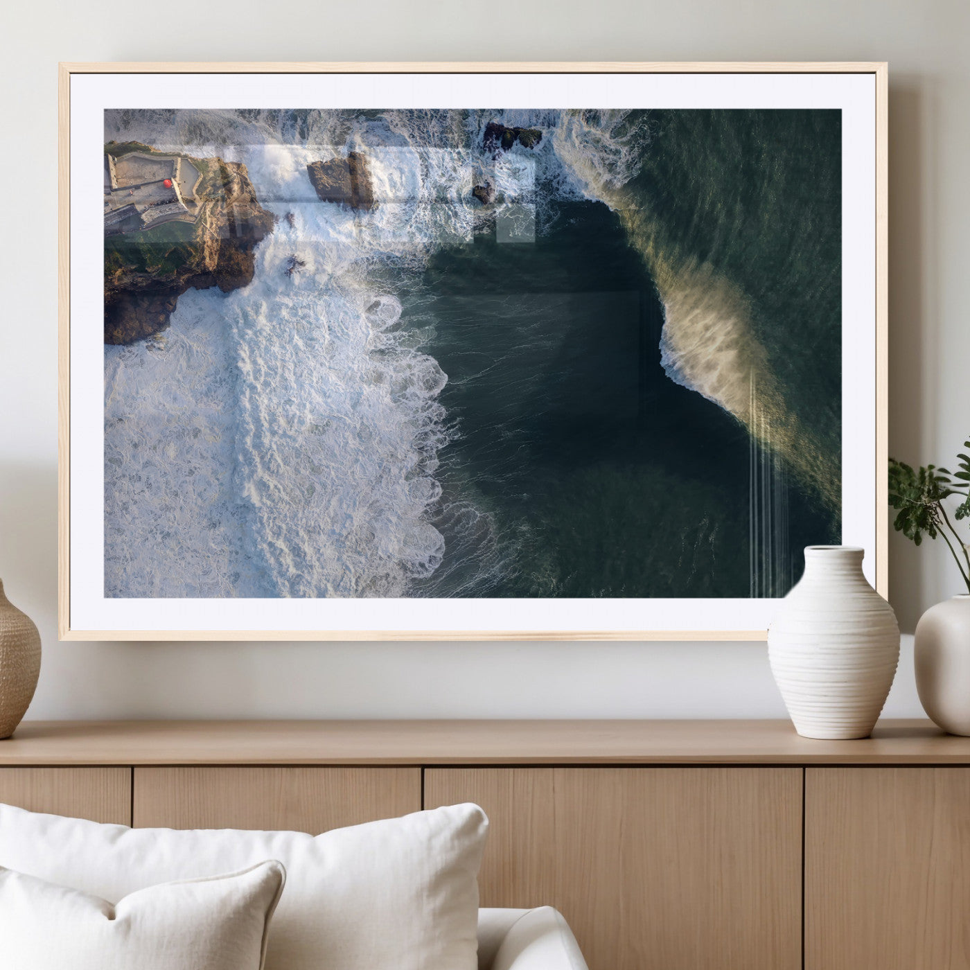 37405684-MGC-FP-36x24_Natural-Nazaré Coast Wall Art Canvas Print, Framed Aerial Ocean Art Picture Print, Coastal Fortress Perfect Dramatic Coastal Decor Artwork