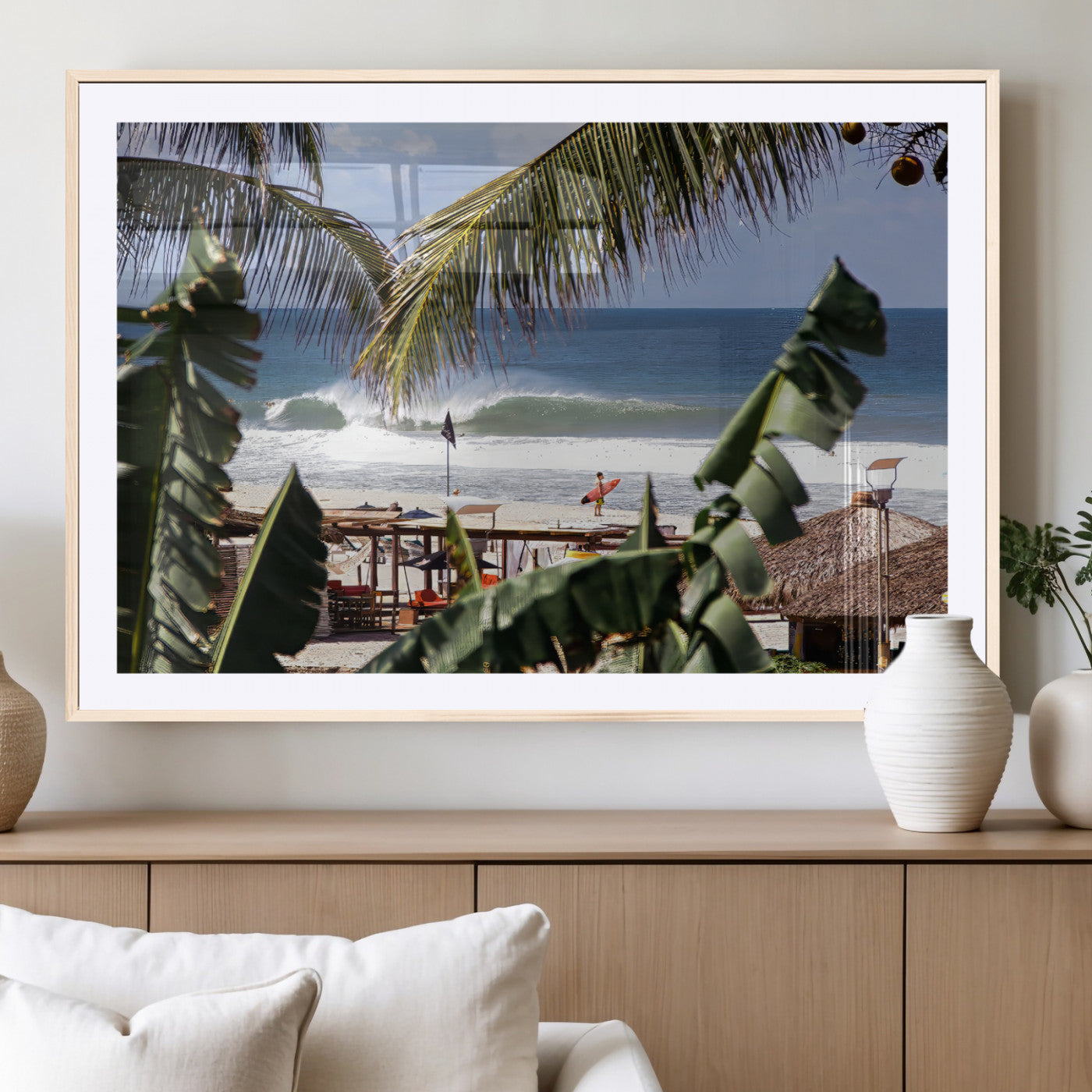34722557-MGV-CV-36X24-Tropical Shoreline Wall Art Canvas Print, Framed Surfer Beach Art Picture Print, Coastal Surf Perfect Tropical Coastal Decor