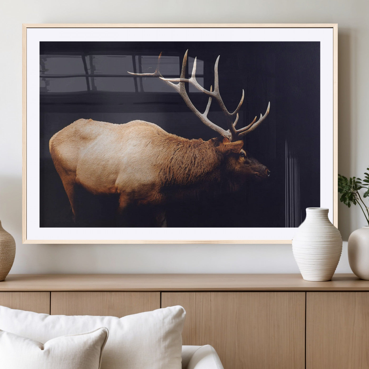 91871131-MGV-CV-36X24-Rustic Elk Art Wall Art Canvas Print, Framed Moody Wildlife Decor Art Picture Print, Western Animal Print Perfect Western Lodge
