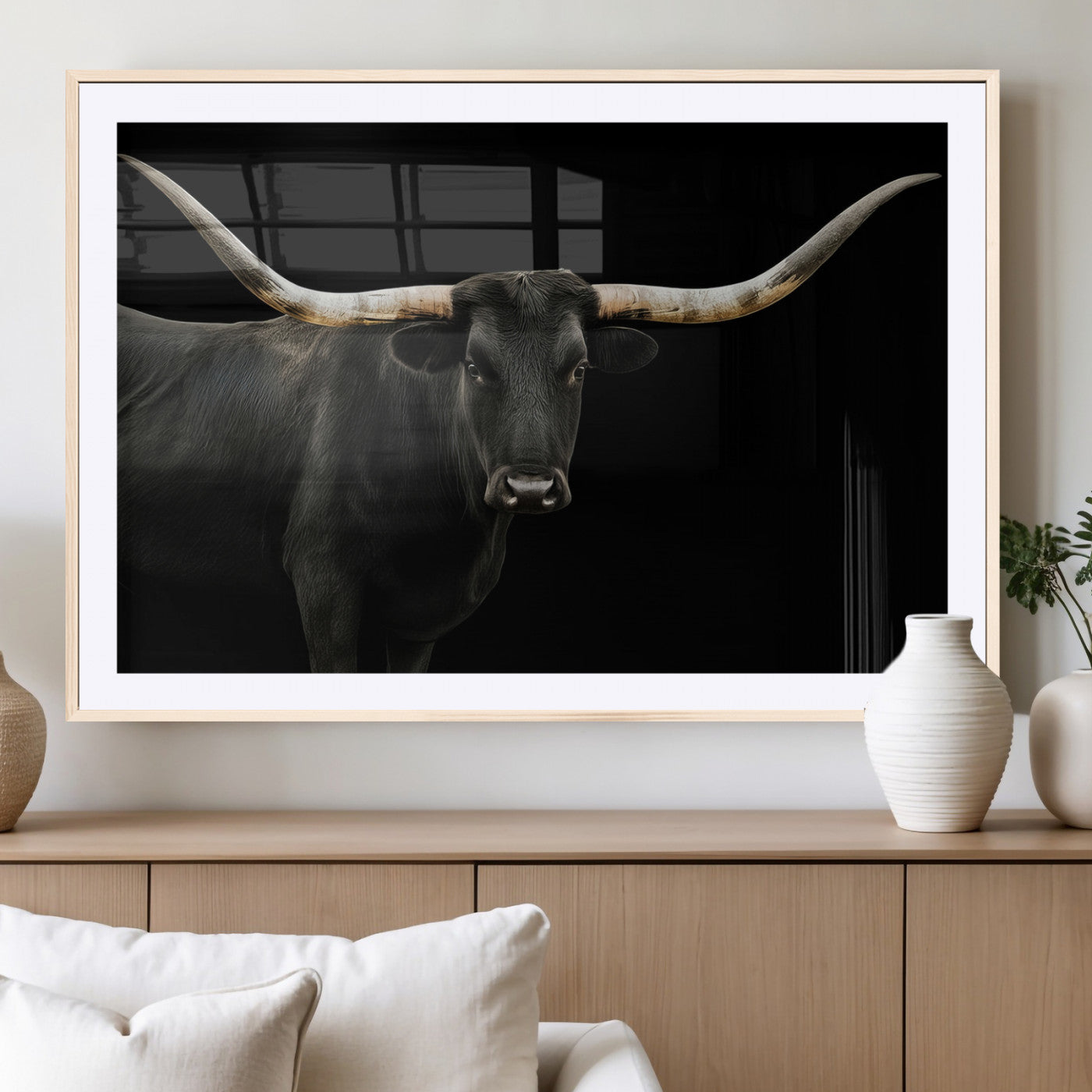 99448328-MGC-FP-36x24_Natural-Longhorn Cattle Wall Art Canvas Print, Framed Texas Ranch Art Picture Print, Western Cow Perfect Farmhouse Decor Artwork
