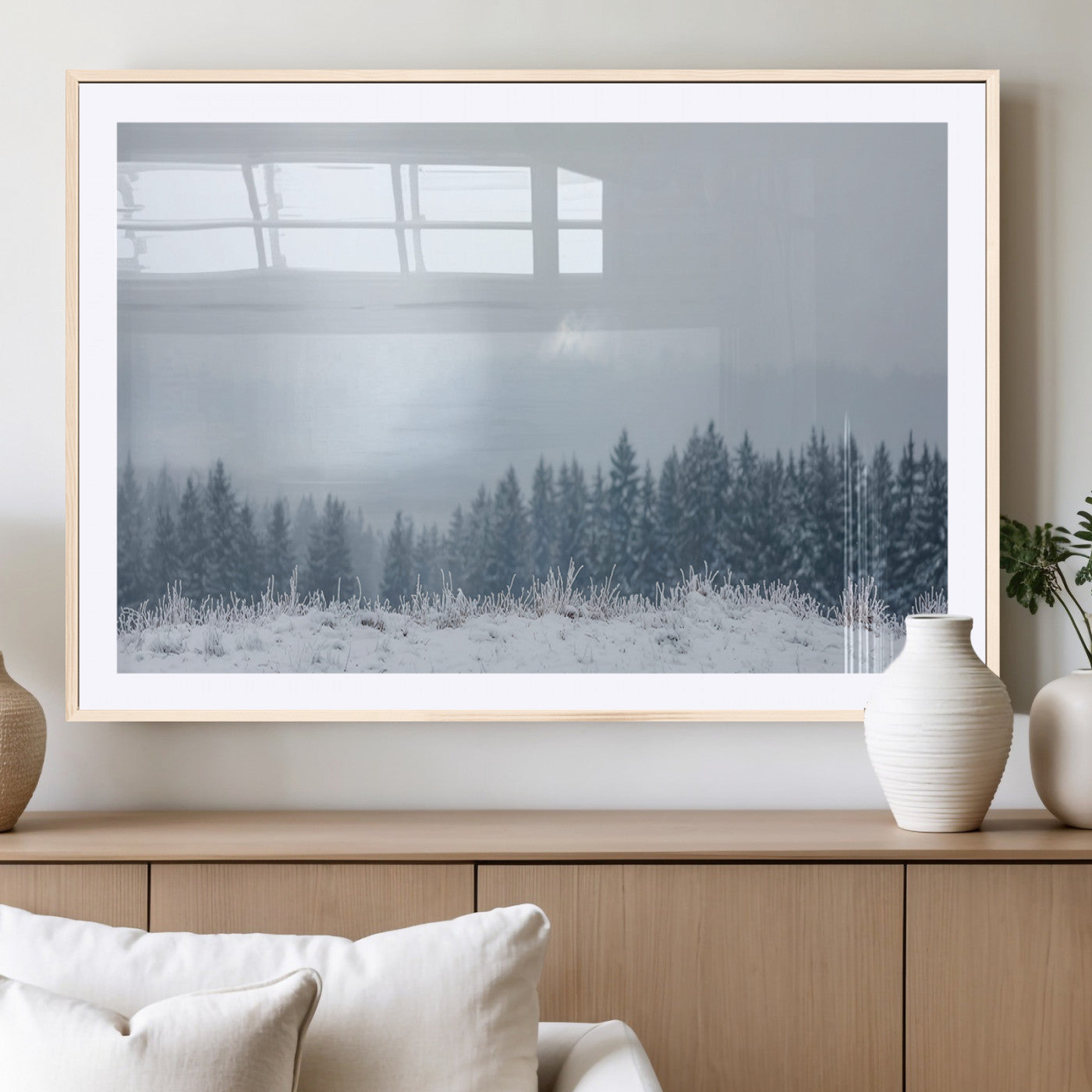 33033082-MGV-CV-36X24-Winter Forest Art Wall Art Canvas Print, Framed Snowy Landscape Art Picture Print, Misty Tree Scene Perfect Nordic Minimalist