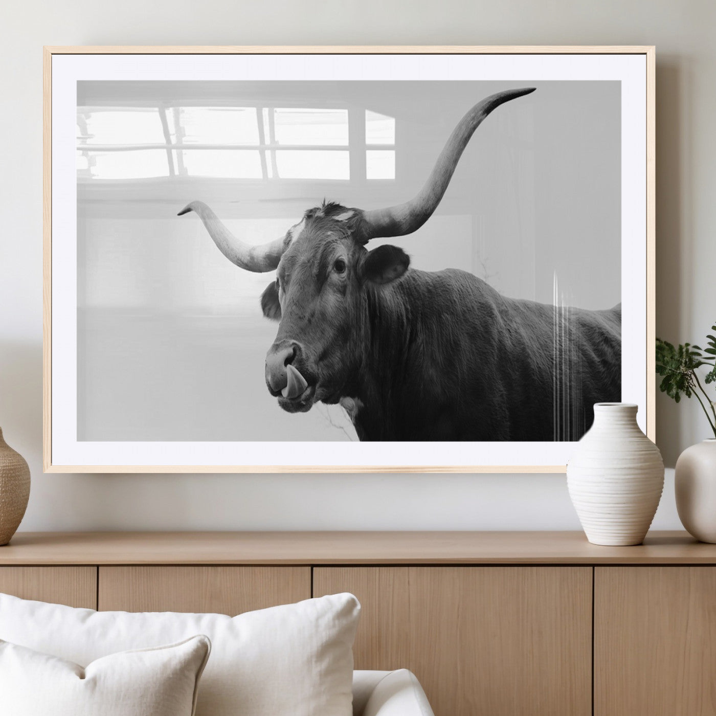 99244177-MGC-FP-36x24_Natural-Longhorn Photography Wall Art Canvas Print, Framed Western Cow Decor Art Picture Print, Black White Bull Perfect Modern Rustic