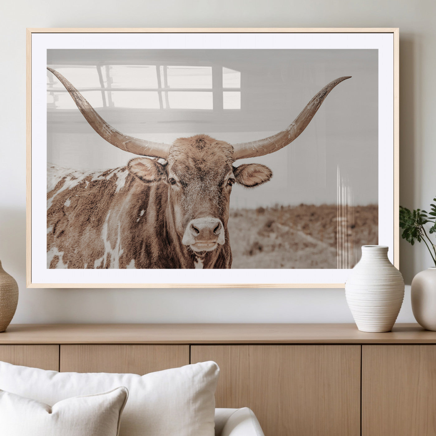 77810049-MGV-CV-36X24-Longhorn Bull Photo Wall Art Canvas Print, Framed Rustic Cow Decor Art Picture Print, Neutral Farmhouse Style Perfect Rustic