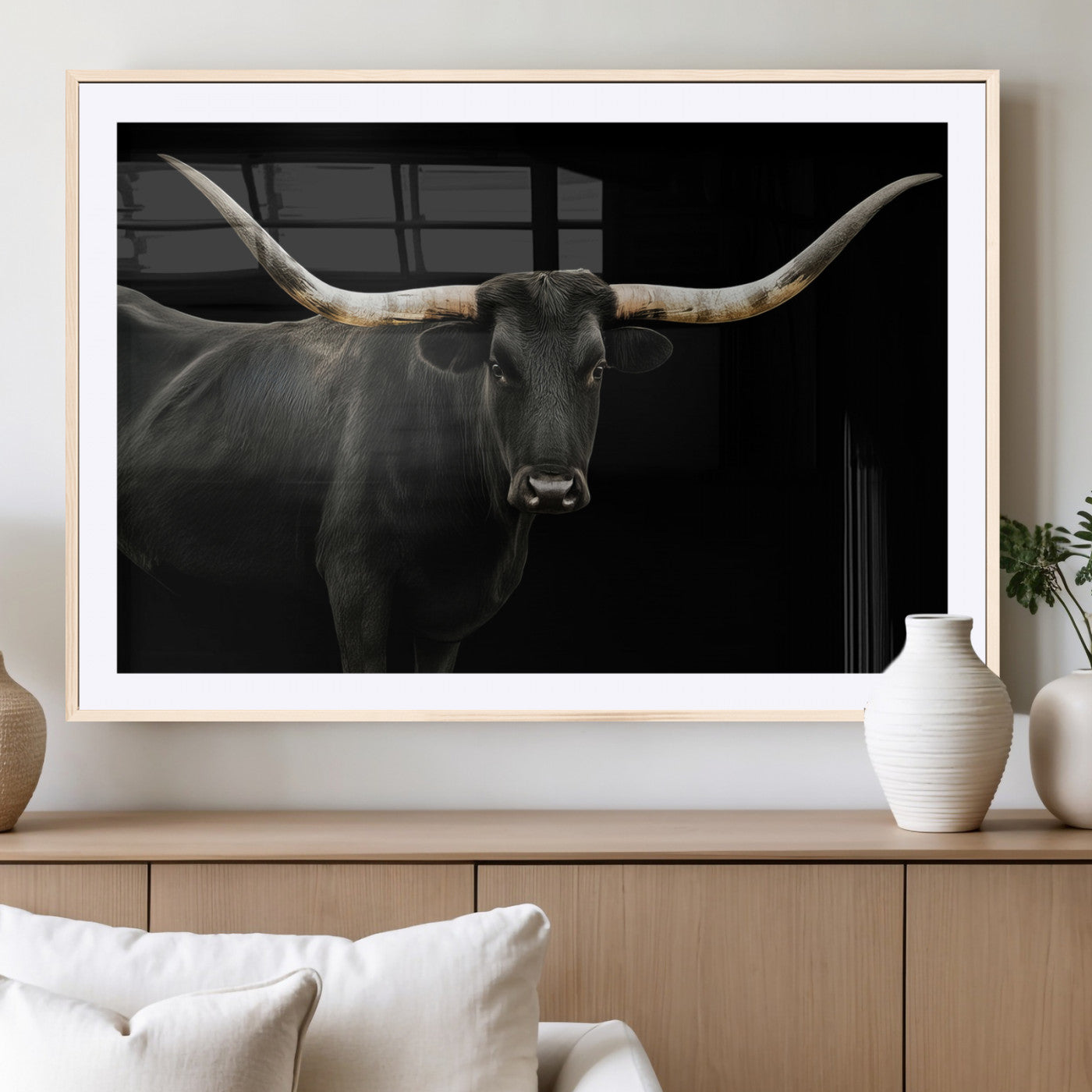 23572907-MGV-CV-36X24-Texas Longhorn Wall Art Canvas Print, Framed Rustic Western Decor Art Picture Print, Farmhouse Animal Perfect Modern Western