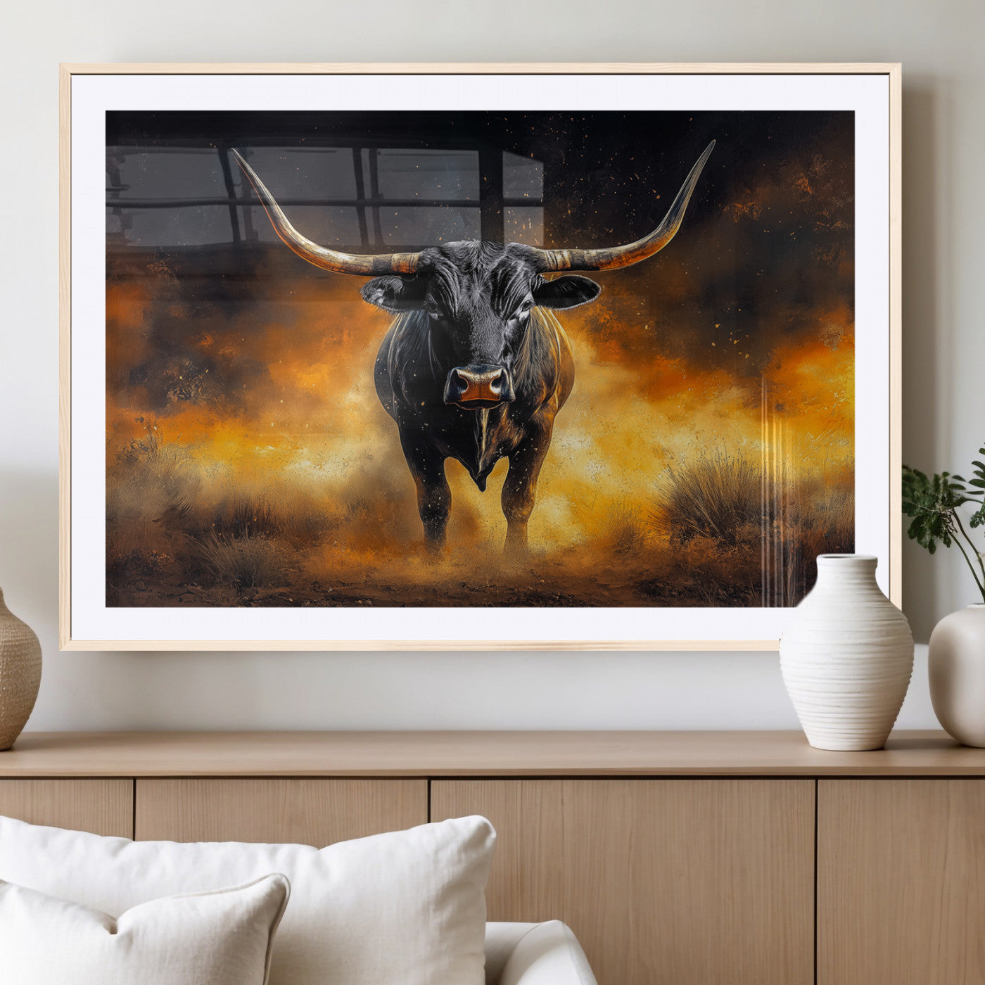 58293979-MGC-FP-36x24_Natural-Longhorn Canvas Wall Art Canvas Print, Framed Bold Bull Wall Art Art Picture Print, Western Animal Decor Perfect Western Dramatic