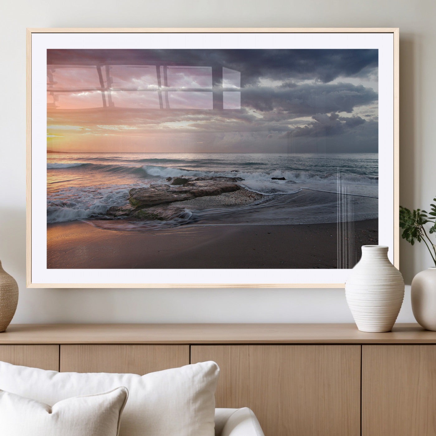 94208089-MGC-FP-36x24_Natural-Golden Hour Wall Art Canvas Print, Framed Tranquil Waves Art Picture Print, Beach Horizon Perfect Coastal Serenity Decor Artwork