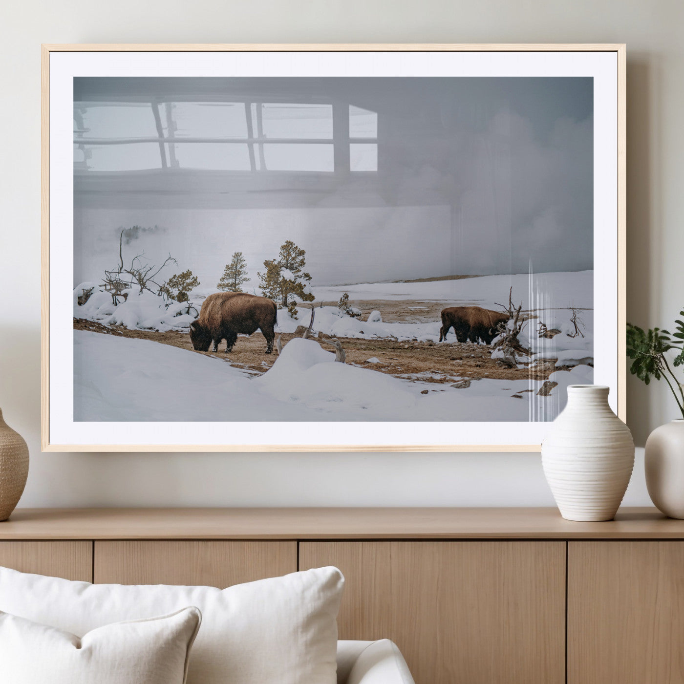 60308289-MGC-FP-36x24_Natural-Bison Wildlife Wall Art Canvas Print, Framed Snowy Prairie Art Picture Print, Western Landscape Perfect Rustic Winter Decor
