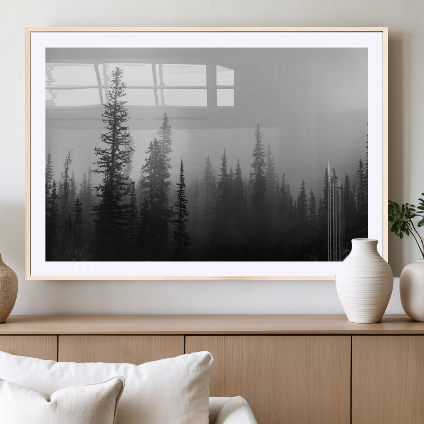 73138900-MGC-FP-36x24_Natural-Misty Pines Wall Art Canvas Print, Framed Woodland Photography Art Picture Print, Minimalist Decor Perfect Modern Rustic Decor