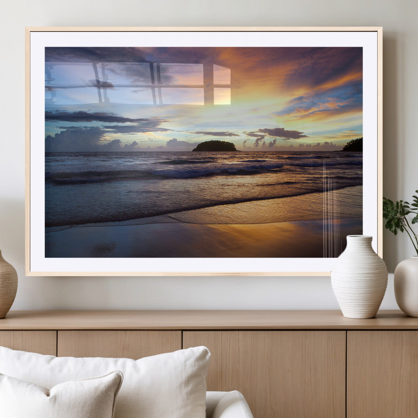 36714356-MGC-FP-36x24_Natural-Beach Sunset Wall Art Canvas Print, Framed Ocean Waves Art Picture Print, Tropical Seascape Perfect Coastal Serenity Decor Artwork