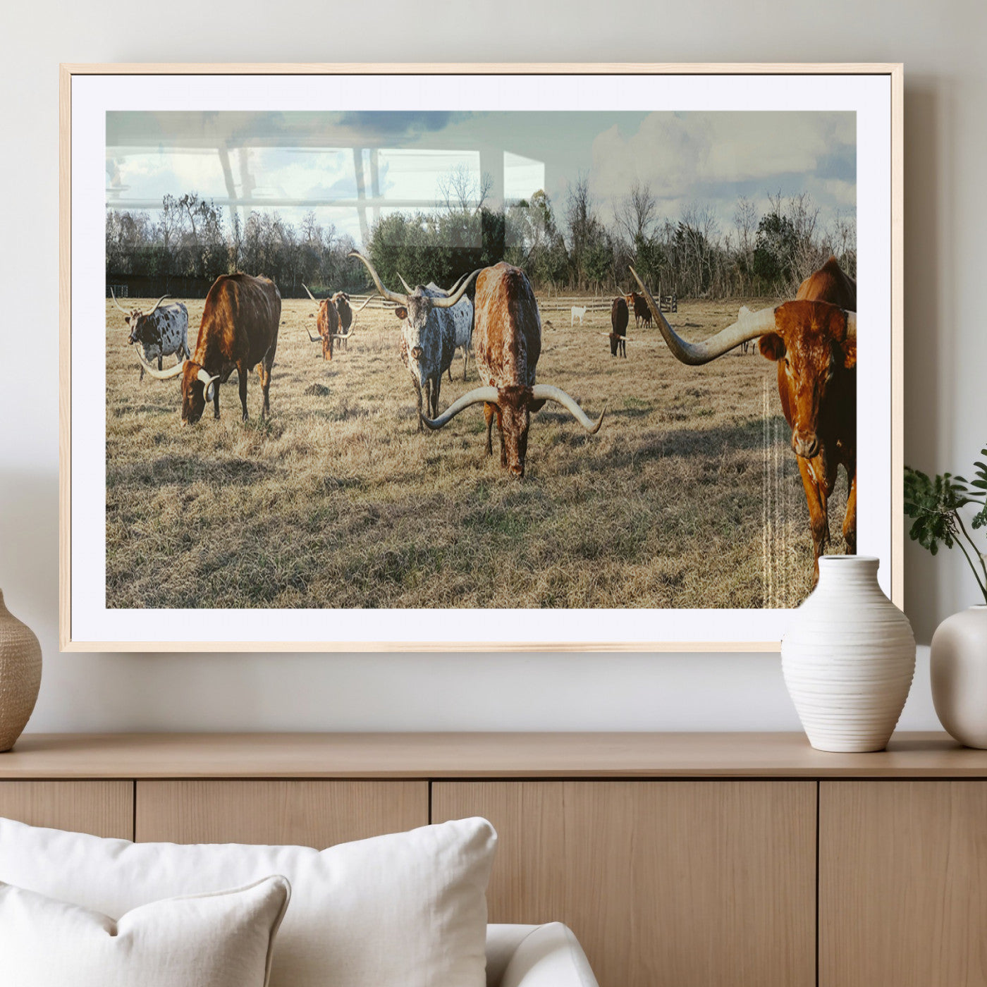 39144651-MGC-FP-36x24_Natural-Texas Longhorns Wall Art Canvas Print, Framed Rustic Farm Scene Art Picture Print, Western Cattle Perfect Rustic Farmhouse Decor