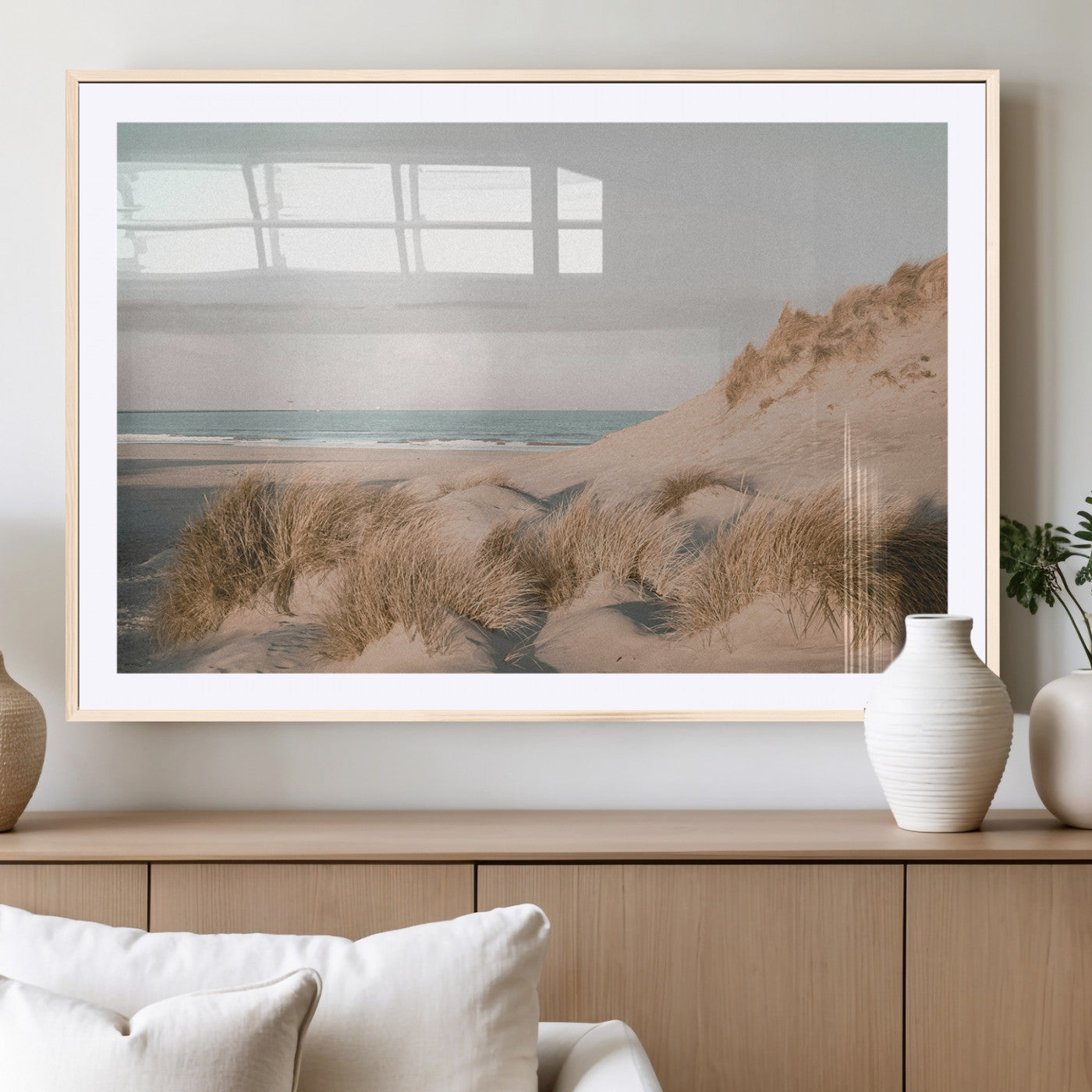 28064037-MGC-FP-36x24_Natural-Minimalist Seascape Wall Art Canvas Print, Framed Neutral Beach Print Art Picture Print, Sand Dune Photography Perfect