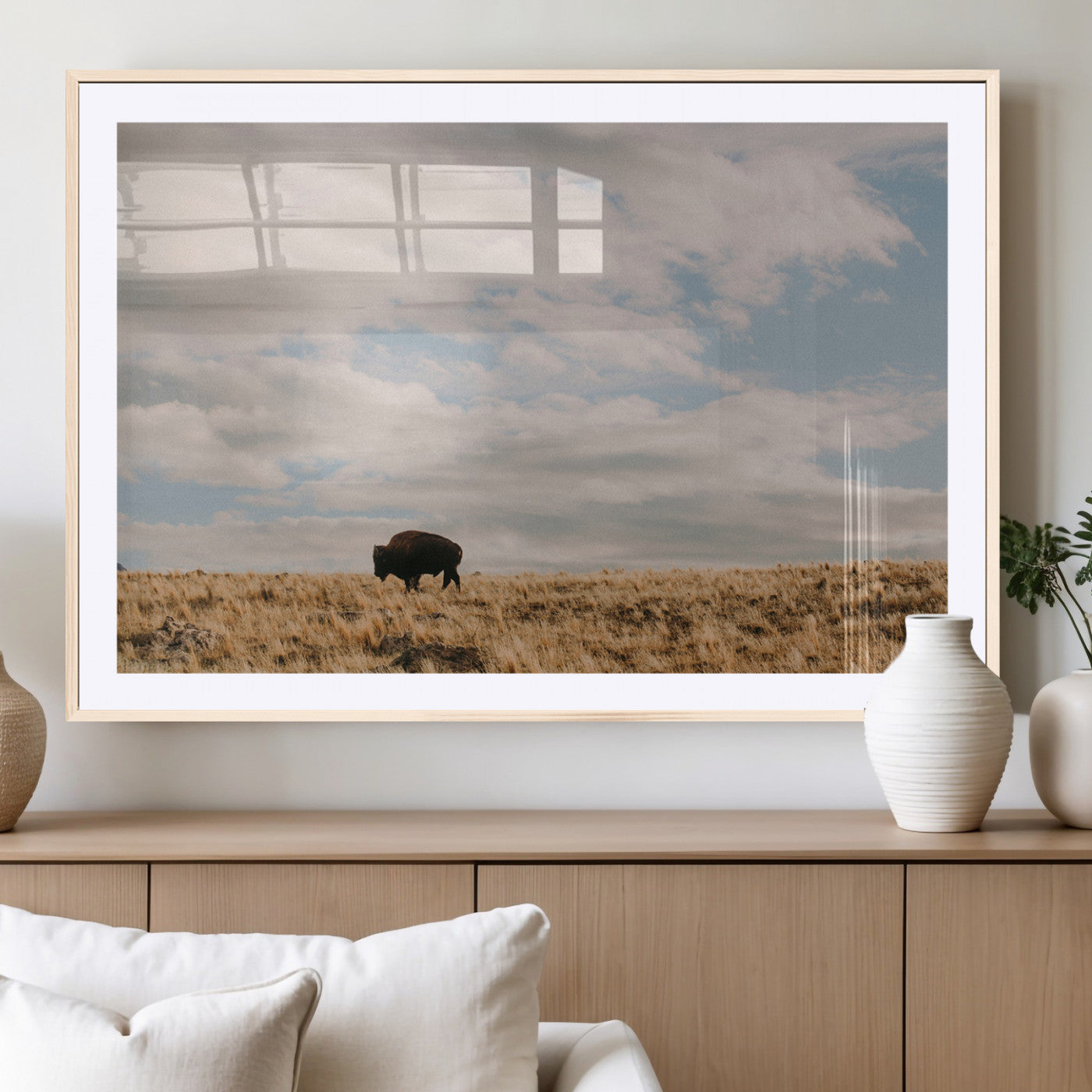 22754563-MGC-FP-36x24_Natural-Earthy Tones Wall Art Canvas Print, Framed Rustic Nature Art Picture Print, Solitary Buffalo Perfect Western Minimalist Decor