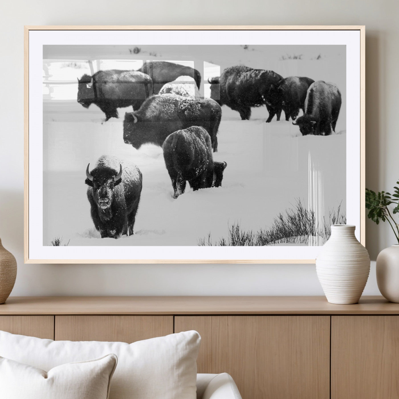 18914414-MGC-FP-36x24_Natural-Buffalo Herd Wall Art Canvas Print, Framed Black and White Art Picture Print, Snowy Landscape Perfect Rustic Lodge Decor Decor