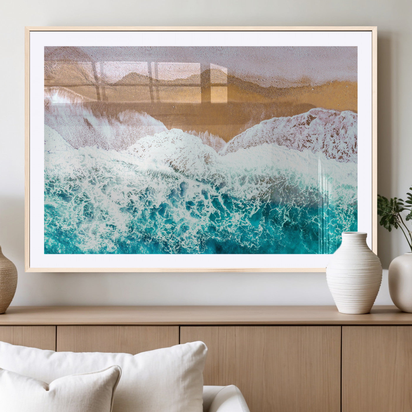 26870666-MGC-FP-36x24_Natural-Aerial Beach Wall Art Canvas Print, Framed Ocean Waves Art Picture Print, Coastal Landscape Perfect Coastal Minimalist Decor