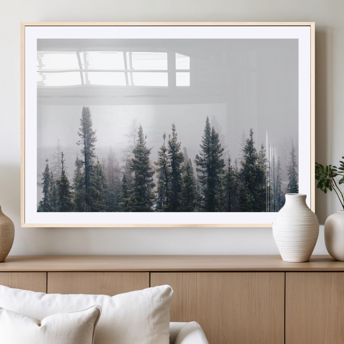 42364796-MGC-FP-36x24_Natural-Foggy Forest Wall Art Canvas Print, Framed Misty Pines Art Picture Print, Moody Woodland Perfect Scandinavian Minimalist Decor