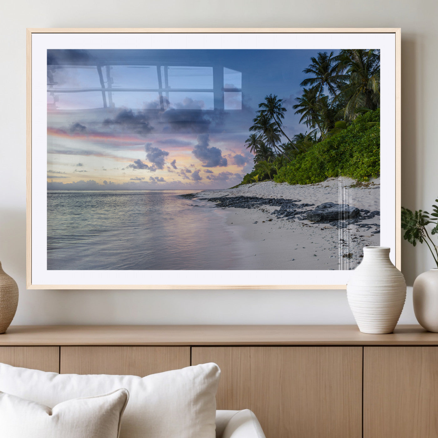 75045485-MGC-FP-36x24_Natural-Tropical Beach Wall Art Canvas Print, Framed Sunset Glow Art Picture Print, Palm Tree Coast Perfect Tropical Coastal Decor Artwork