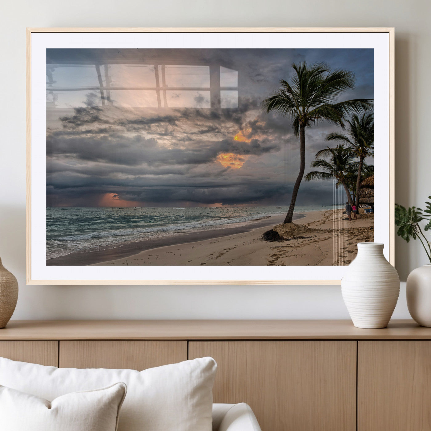 62574547-MGC-FP-36x24_Natural-Tropical Storm Wall Art Canvas Print, Framed Moody Beach Art Picture Print, Dramatic Sky Perfect Tropical Coastal Decor Artwork