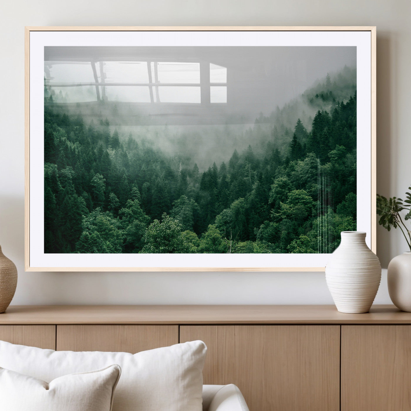 45265379-MGC-FP-36x24_Natural-Misty Forest Wall Art – Green Mountain Pine Tree Landscape Canvas Print, Nature Photography Artwork Home Decor for Bedroom, Living