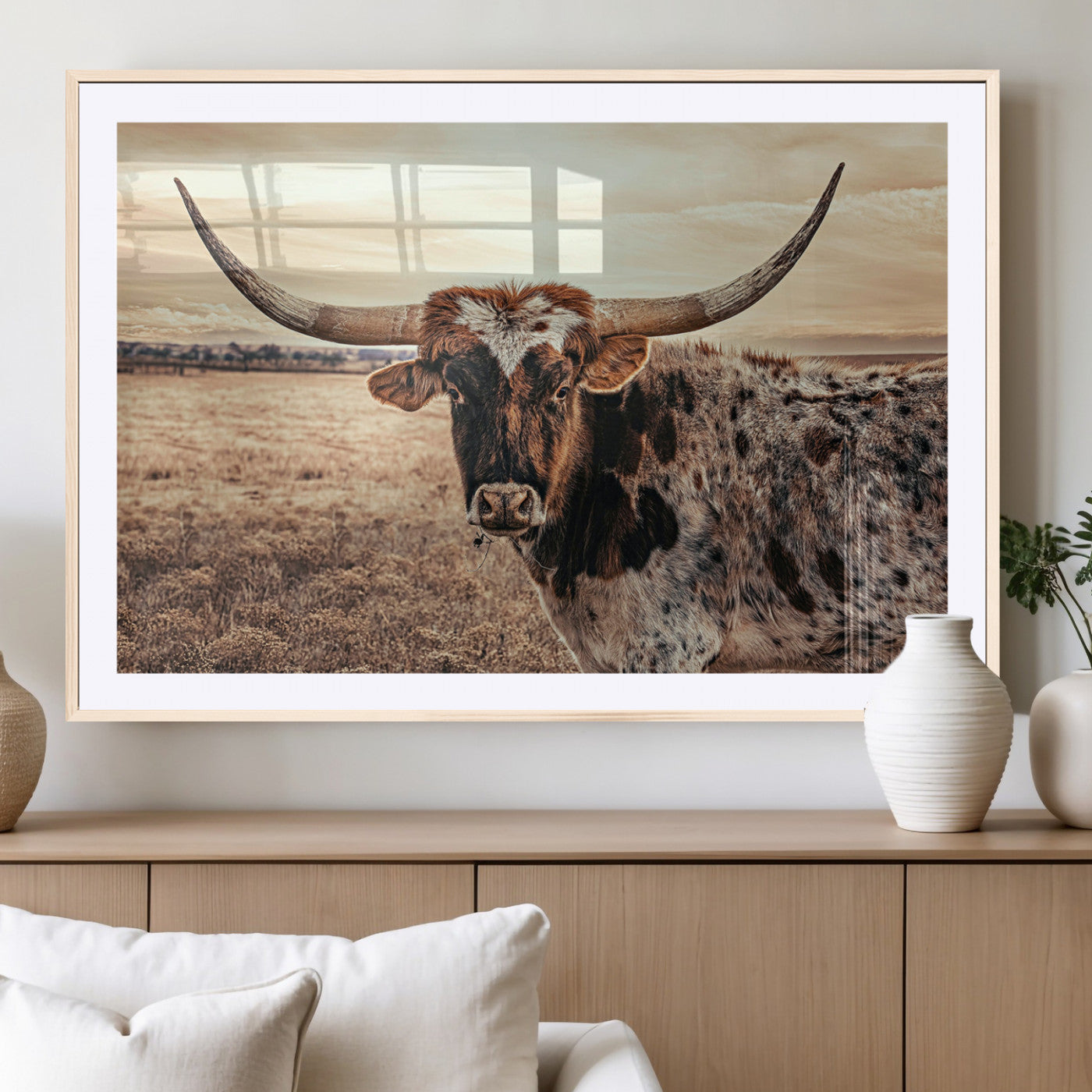 95745718-MGC-FP-36x24_Natural-Texas Longhorn Wall Art – Western Cattle Photography Canvas Print, Rustic Ranch Animal Artwork Country Farmhouse Decor for Living