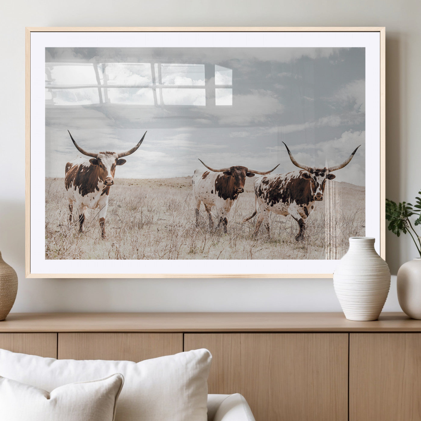 65621083-MGC-FP-36x24_Natural-Texas Longhorn Wall Art – Rustic Western Cattle Canvas Print, Southwestern Ranch Photography Decor for Living Room, Office,
