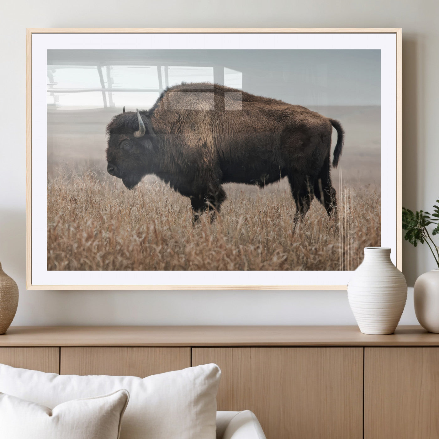 69909079-MGV-CV-36X24-Bison Wall Art – Majestic Buffalo Canvas Print in Prairie Grasslands, Rustic Western Animal Painting, Farmhouse Ranch Decor for