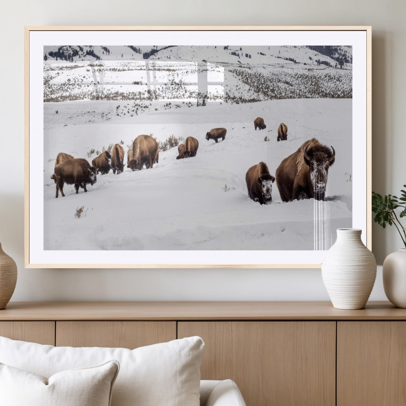38217250-MGC-FP-36x24_Natural-Bison Herd Wall Art – Wildlife Canvas Print of Buffalo Winter Snow Scene, Rustic Western Lodge Décor, Farmhouse & Cabin Nature