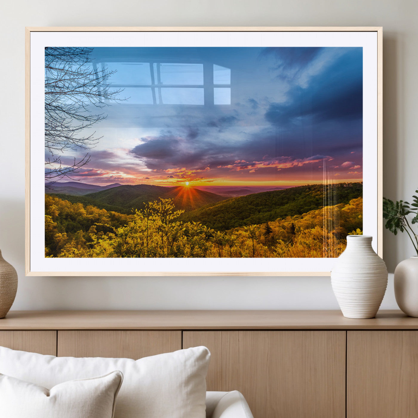 25786346-MGV-CV-36X24-Sunset Over Mountains Wall Art – Nature Landscape Canvas Print, Golden Hour Forest Photography, Scenic Sunrise Artwork for Living