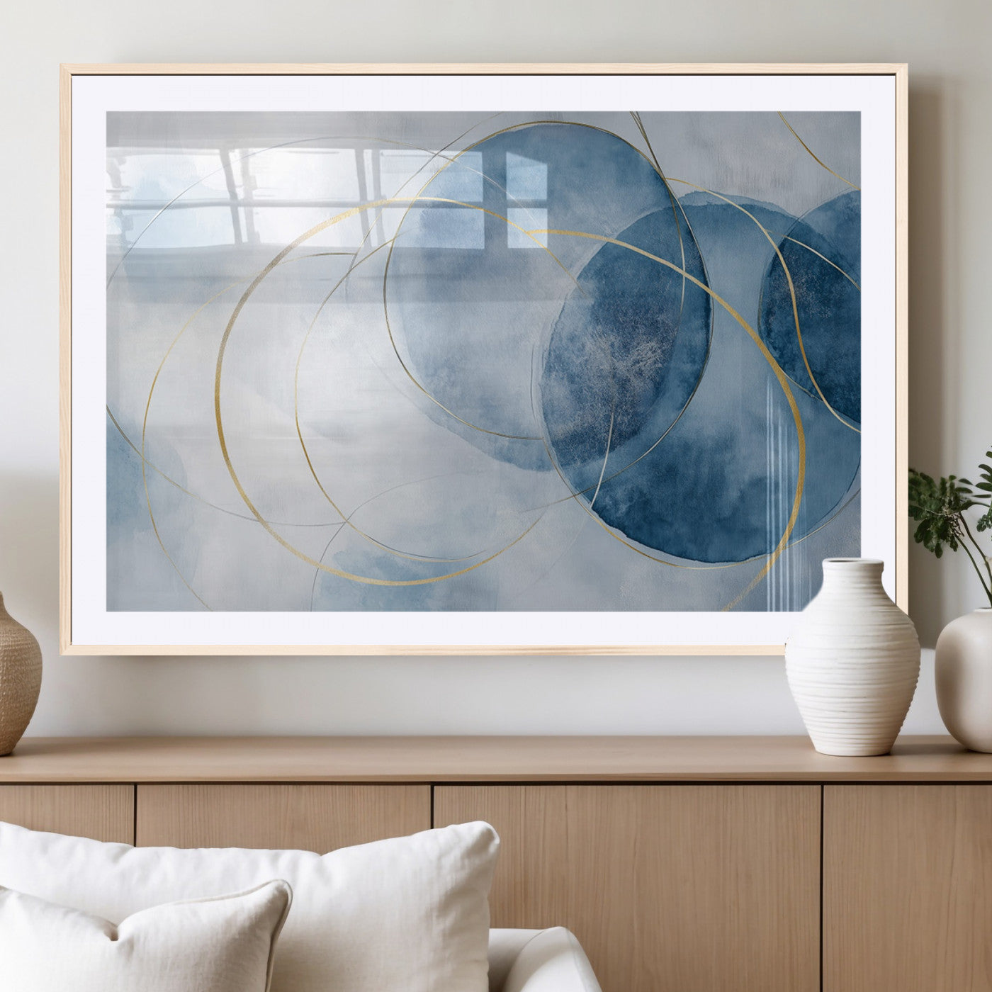 47060443-MGV-CV-36X24-Blue Abstract Circle Wall Art – Modern Gold and Navy Canvas Print, Minimalist Geometric Painting for Living Room, Bedroom, Office