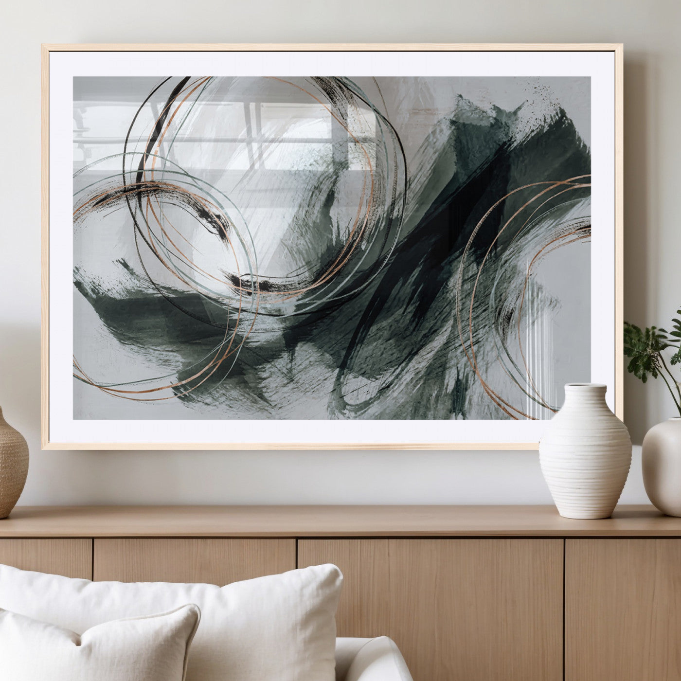 86583265-SEG-FC-90X60_Oversize_Oversize-Black and Gray Abstract Wall Art – Modern Copper Circle Canvas Print, Contemporary Minimalist Painting for Living Room, Bedroom,