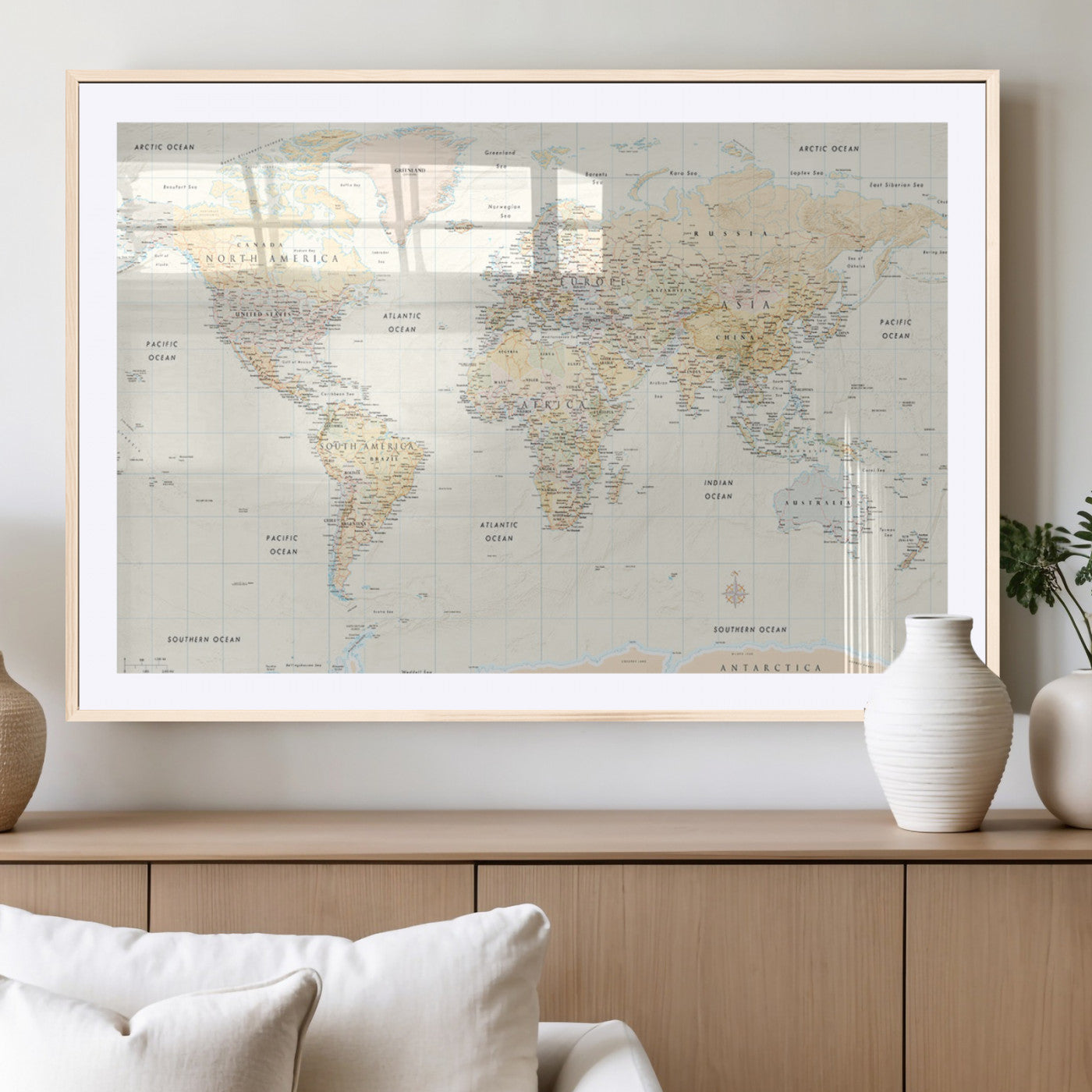 40660043-MGV-CV-36X24-World Map Wall Art – Large Detailed Atlas Style Map Print with Countries, Cities, and Oceans, Neutral Beige and Tan Educational