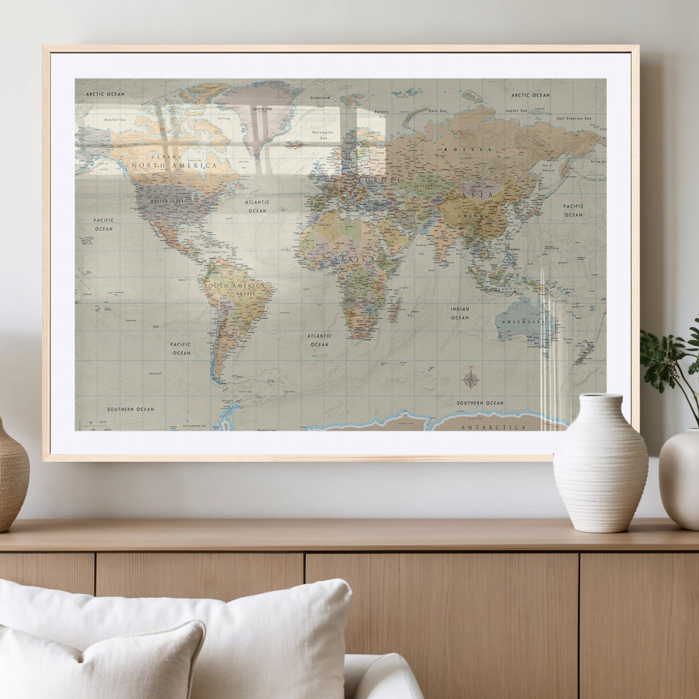 41929777-MGV-CV-36X24-World Map Wall Art – Large Detailed Political Atlas Style Map Print with Countries, Cities, and Oceans, Warm Earth Tone