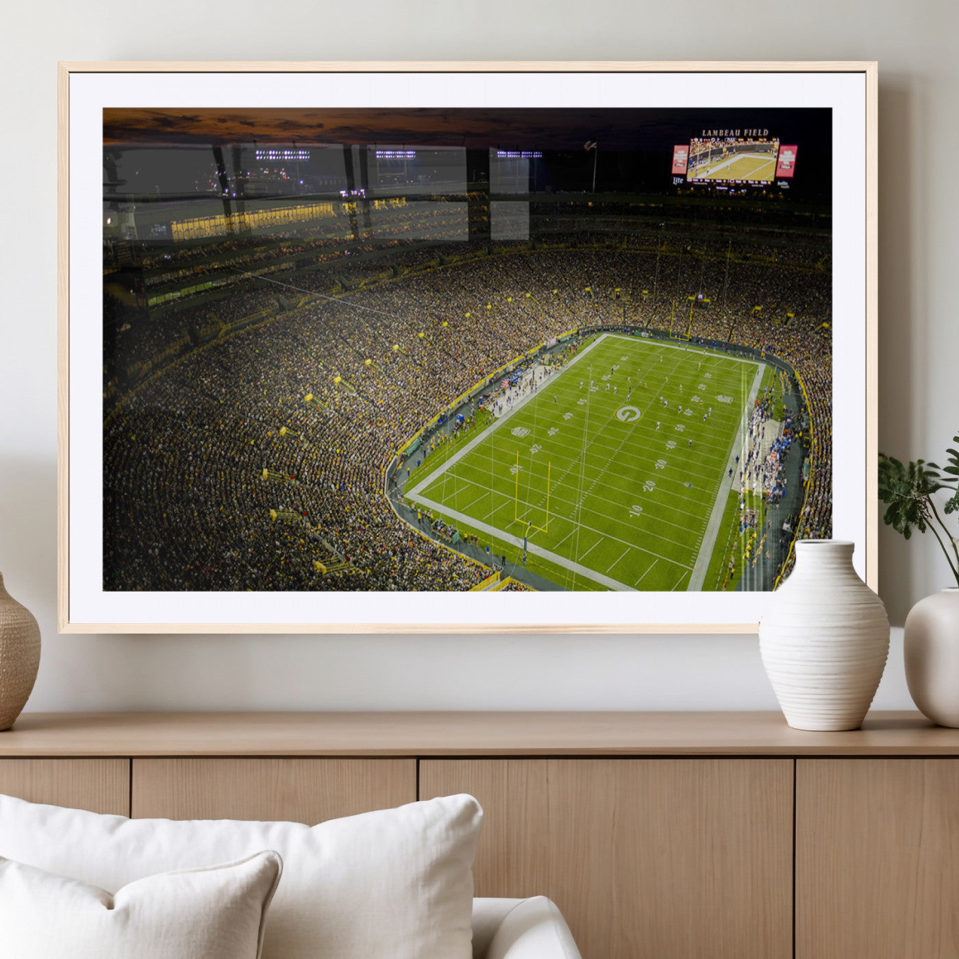 23655234-MGV-CV-36X24-Lambeau Field Stadium Wall Art – American Football Night Game Canvas Print with Packed Crowd and Lights – Sports Decor for Man