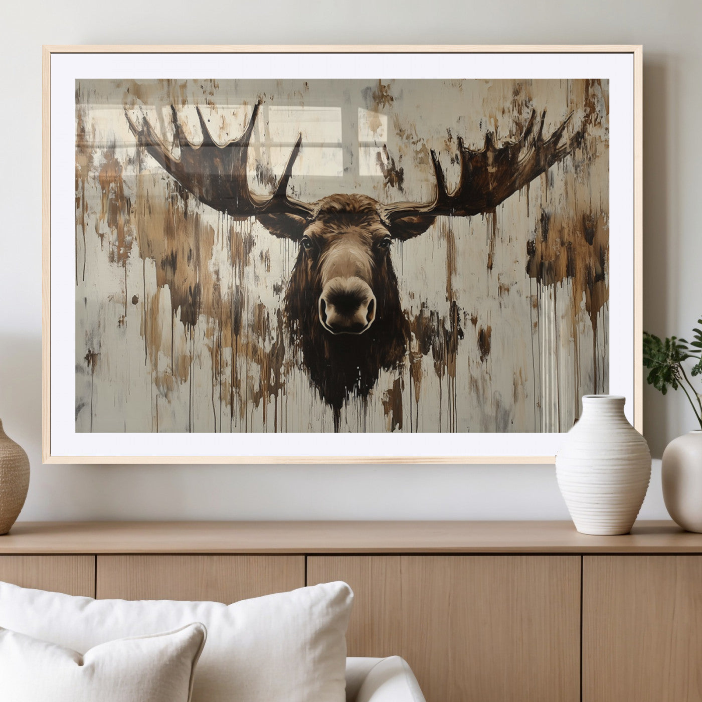 34496536-MGV-CV-36X24-Rustic Moose Wall Art – Modern Abstract Animal Canvas Print – Majestic Moose Head Painting with Neutral Earth Tones for Cabin,