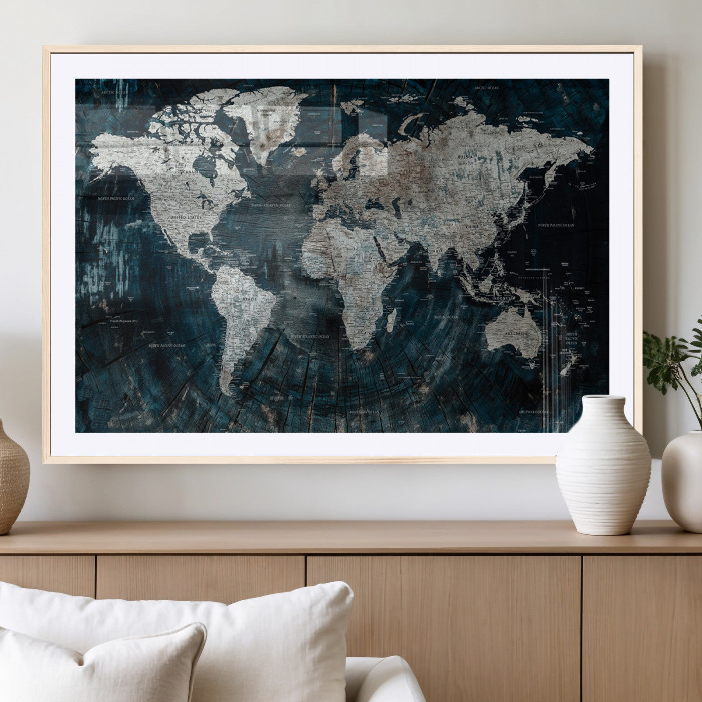 34425609-MGC-FP-36x24_Natural-World Map Wall Art – Rustic Navy and Grey Atlas Canvas Print, Distressed Explorer Map Artwork, Industrial Style Decor for Office,