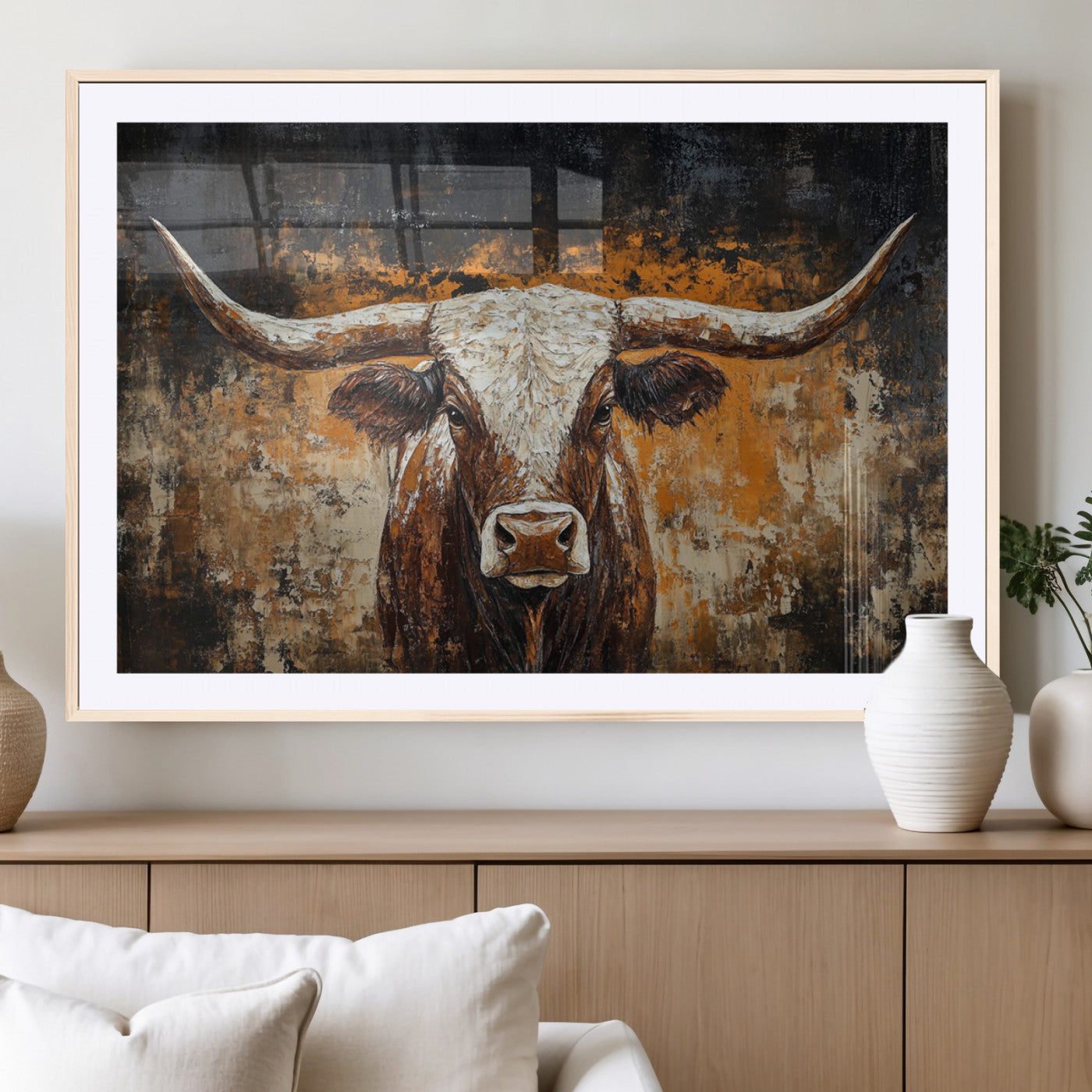 25265572-MGV-CV-36X24-Longhorn Bull Wall Art – Rustic Western Texas Steer Canvas Print, Textured Animal Painting for Home, Office, Man Cave or Farmhouse