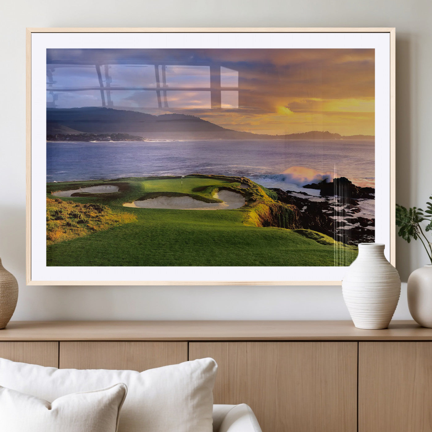 39644075-MGC-FP-36x24_Natural-Golf Course Wall Art – Coastal Sunset Canvas Print, Scenic Oceanfront Fairway Landscape Decor for Office, Man Cave, or Living Room