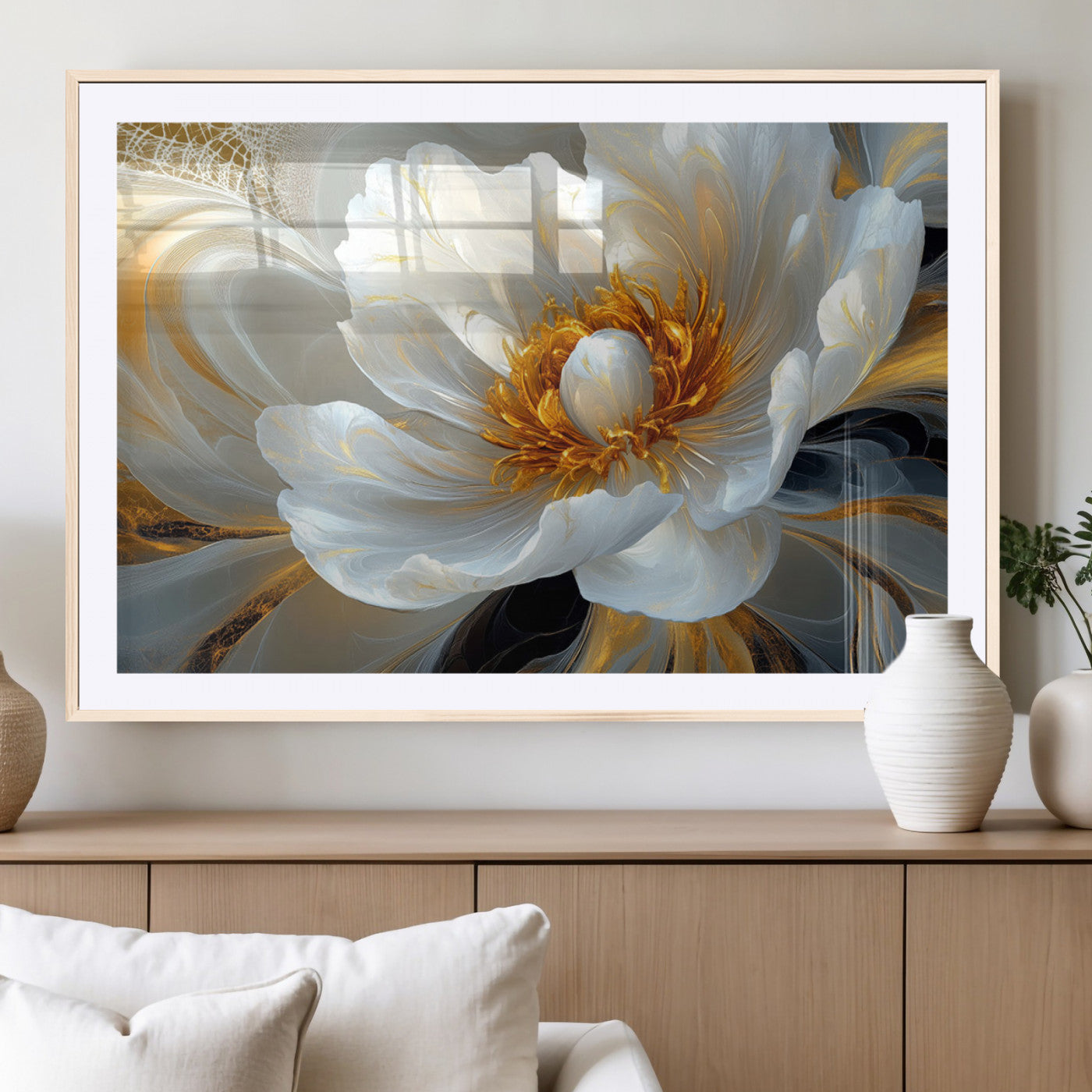 39604126-MGC-FP-36x24_Natural-Abstract Flower Wall Art – Elegant White and Gold Bloom Canvas Print, Modern Floral Artwork for Bedroom, Living Room, or Office
