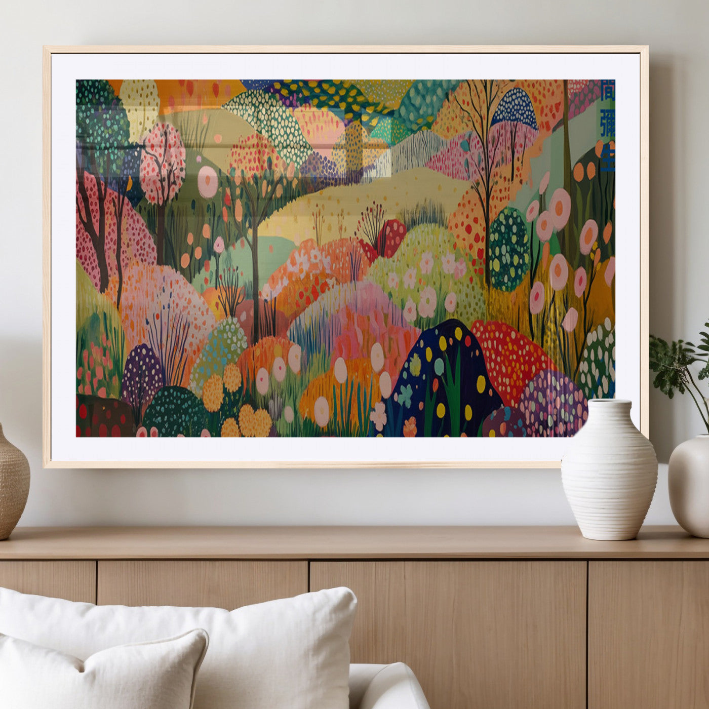 79636380-MGV-CV-36X24-Colorful Abstract Landscape Wall Art – Vibrant Hills and Flowers Canvas Print, Modern Whimsical Artwork for Living Room, Bedroom,