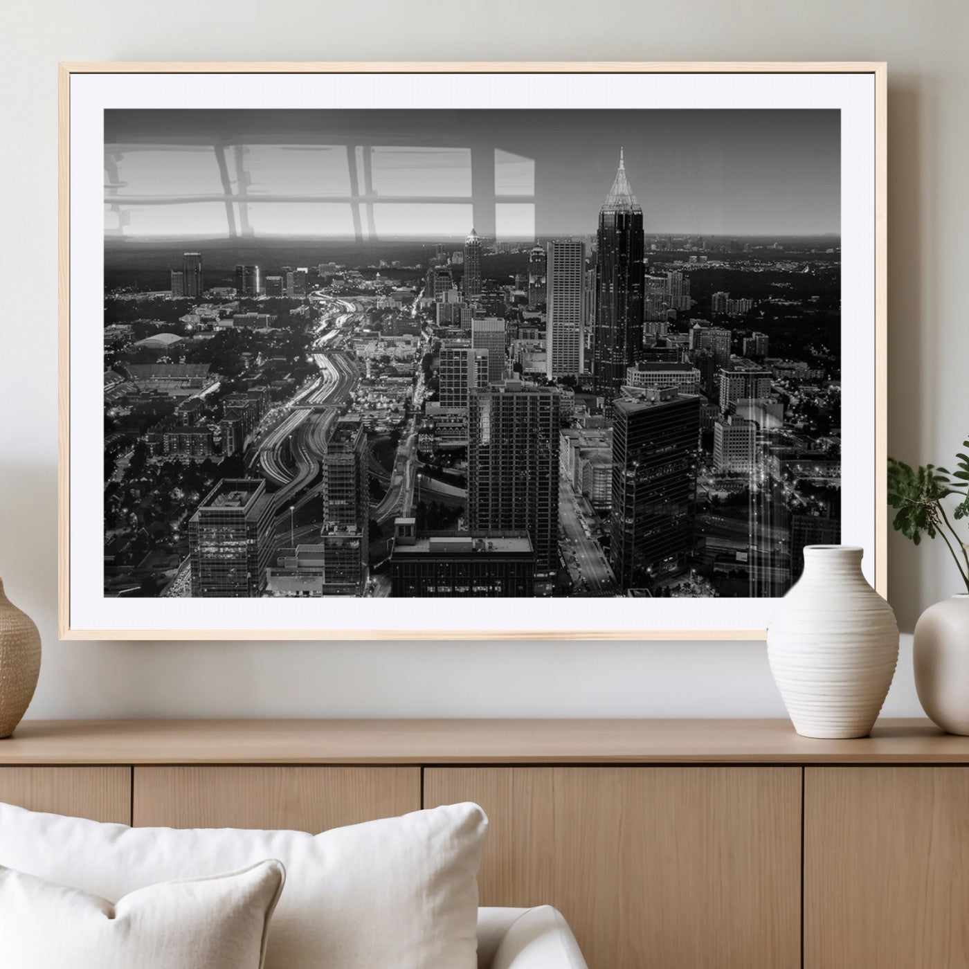 46578567-MGV-CV-36X24-Atlanta Skyline Wall Art – Black and White Cityscape Canvas Print, Modern Urban Night Decor for Office, Living Room, or Apartment