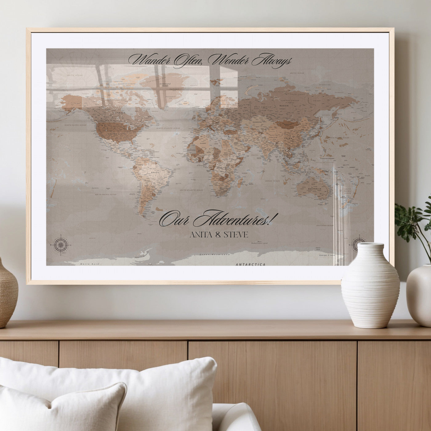 95243244-MGC-FP-36x24_Natural-Wander Often Wonder Always World Map Wall Art – Neutral Beige Adventure Canvas Print, Rustic Boho Travel Decor for Bedroom, Living