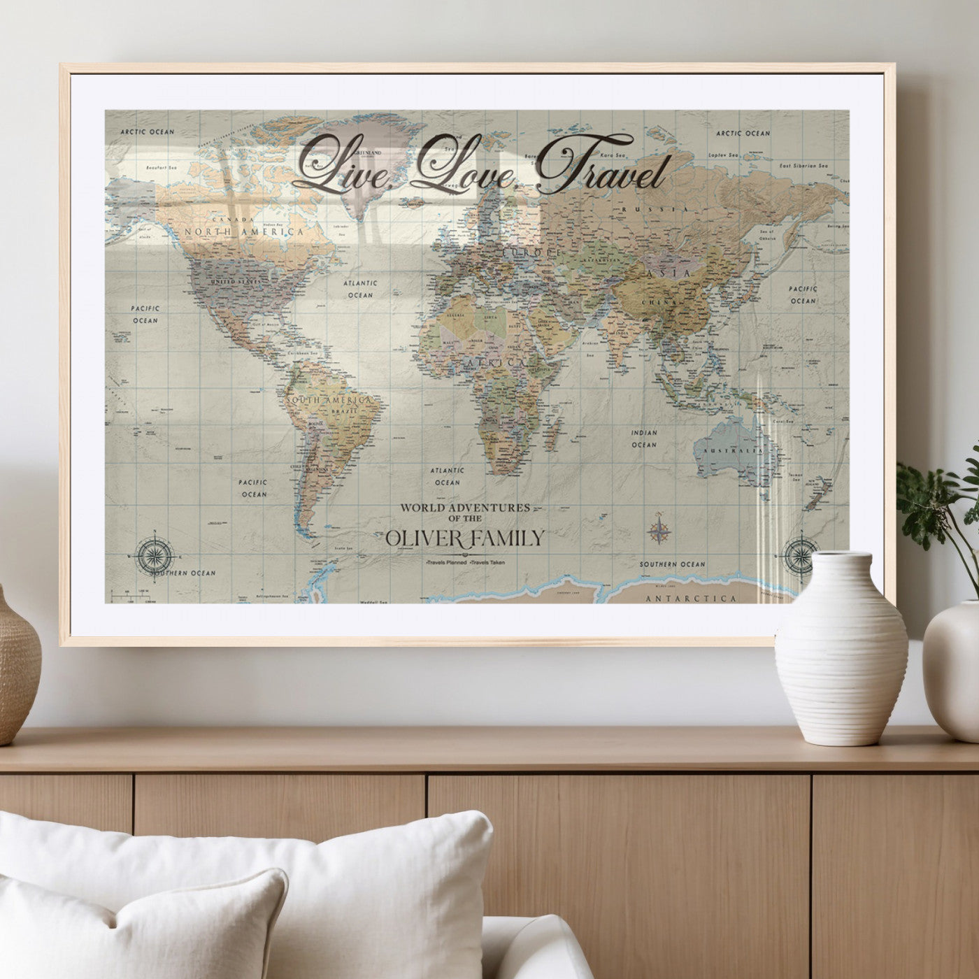 19479008-MGC-FP-36x24_Natural-Live Love Travel Wall Art – Detailed World Map Canvas Print, Adventure Decor for Living Room, Office or Bedroom, Travel Gift for