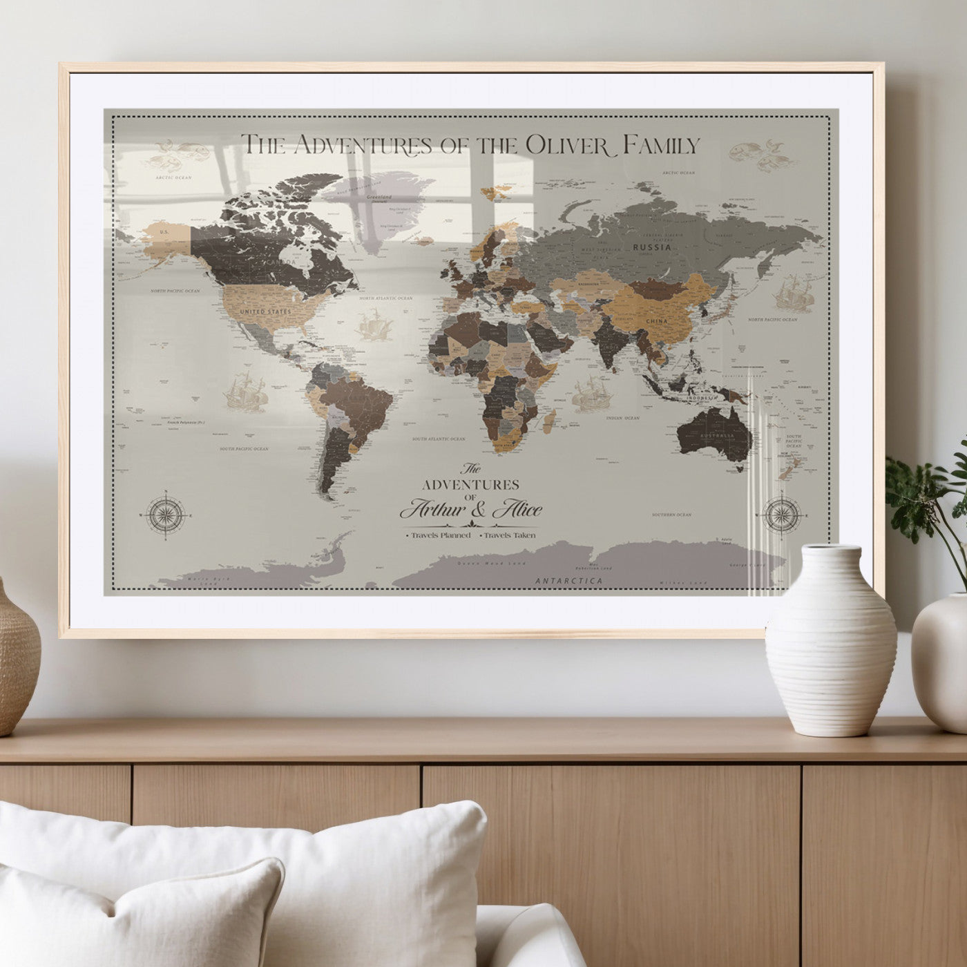 38723540-MGC-FP-36x24_Natural-Adventures of the Oliver Family Wall Art – Earth Tone World Map Canvas Print, Minimalist Travel Decor for Living Room, Bedroom or