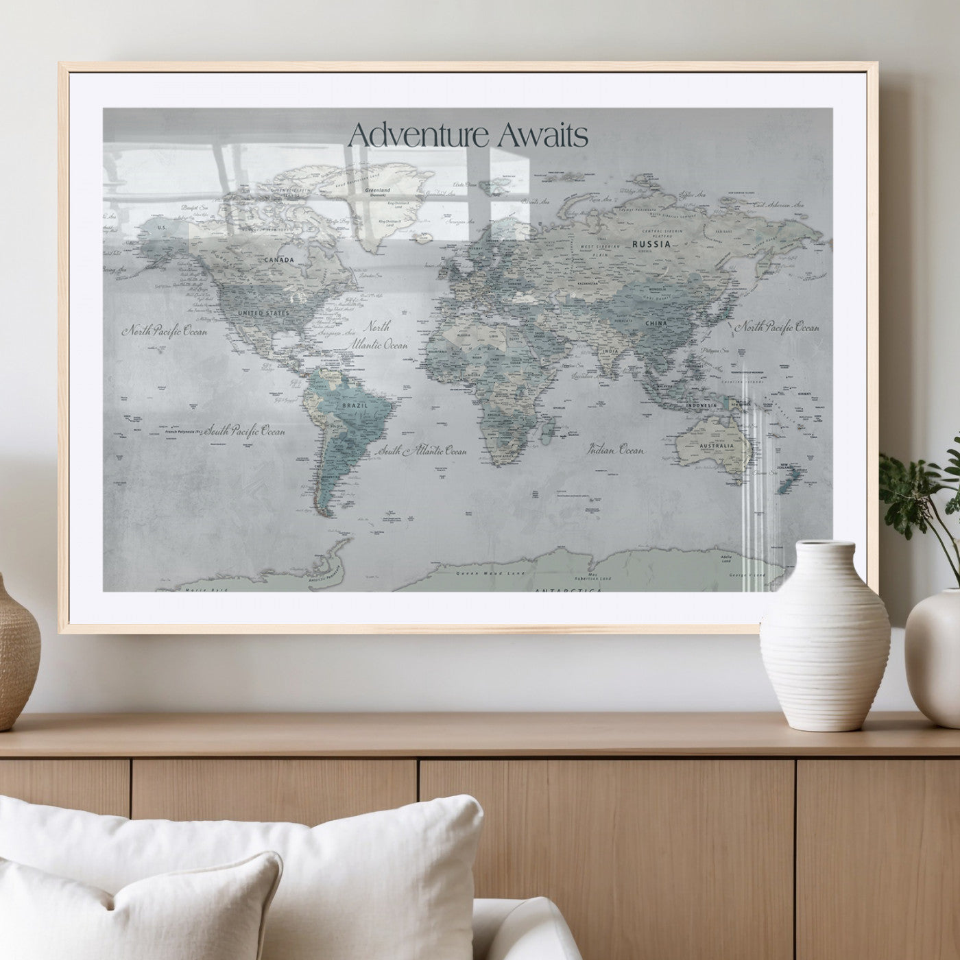 TEST111-MGV-CV-36X24-Personalized Adventure Awaits Push Pin World Map – Custom Framed Travel Tracker Canvas Wall Art for Home, Office