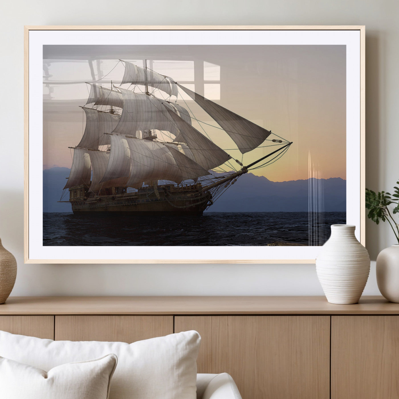 31270610-MGV-CV-36X24-Sailing Ship Wall Art – Sunset Seascape Canvas Print with Tall Ship at Sea, Nautical Ocean Decor for Living Room, Office, or